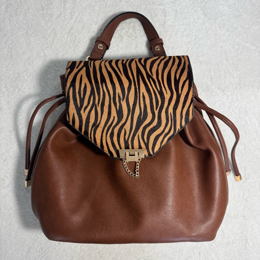 DUNE Brown Leather Backpack with Leopard Print Pony/Calf Hair Design